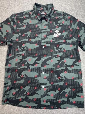USMC Camouflage Short Sleeve Button-Up Shirt - Gray/Black with Red Accents